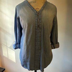 Women’s size small lightweight denim look tunic with zipper, rolled cuff sleeve